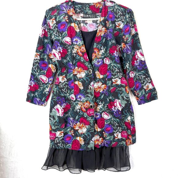 Vintage Rampage Floral Slip Dress Shoulder Pad Button Front Retro Dress Womens S - Picture 1 of 16
